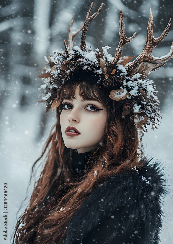 Enchanting Woodland Scene with Majestic Red Deer in Winter Enchanting Woodland Scene with Majestic Red Deer in Winter