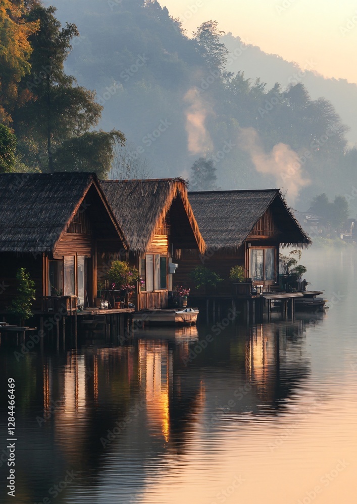 Fototapeta premium Waterfront Bungalows with Morning Lake Reflection