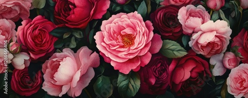 Vibrant rose garden with pink and red blooms amidst lush green foliage