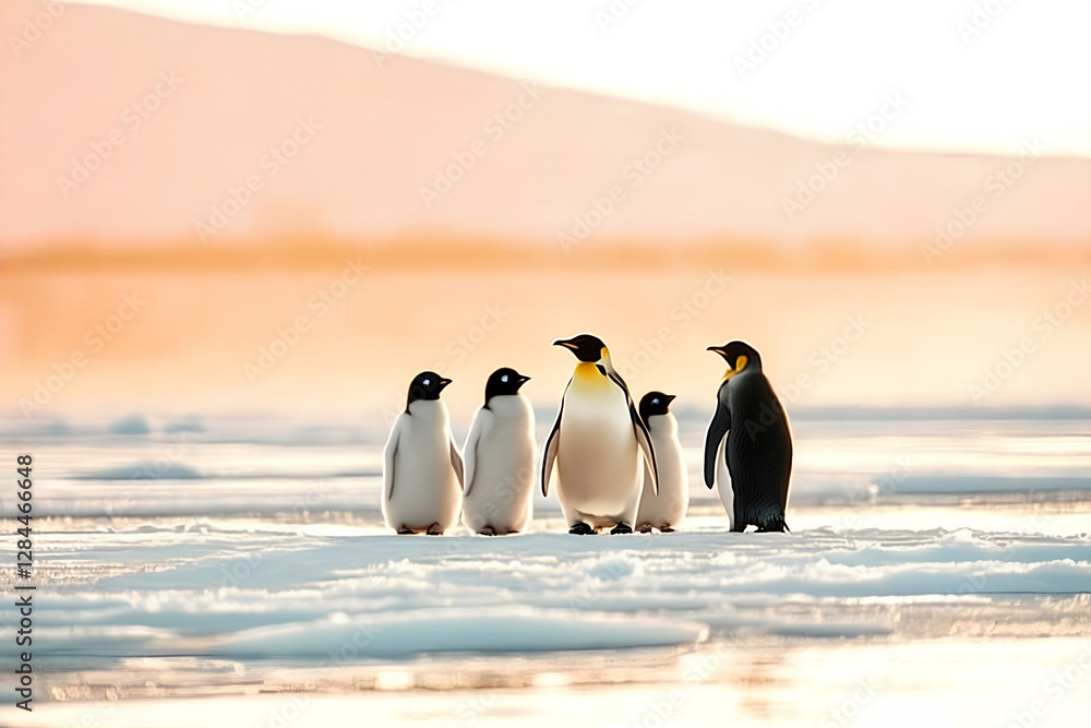 Obraz premium A group of majestic king penguins standing on the ice in Antarctica, basking in the sunlight against a stunning icy backdrop