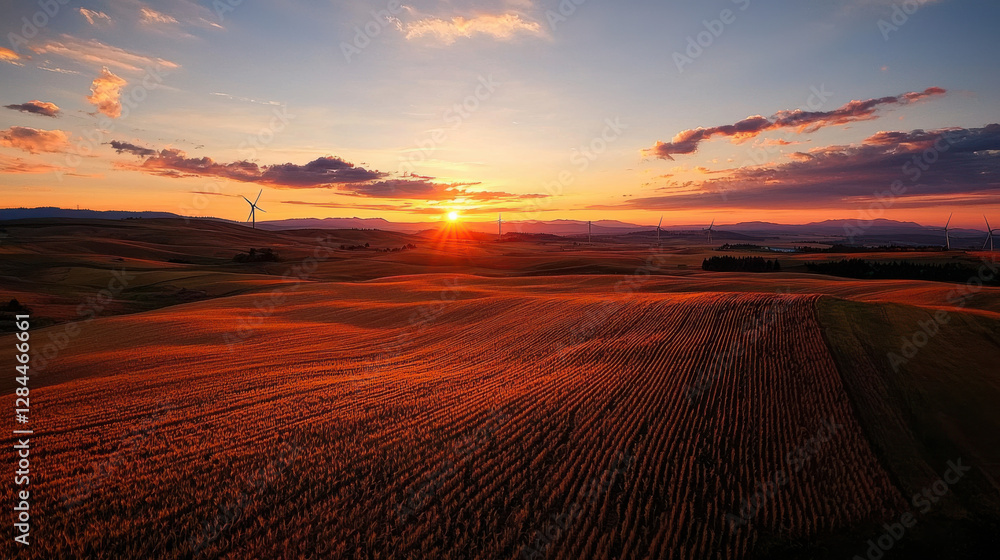 Sunrise over wind turbine farm with long shadows on fields Sunrise over wind turbine farm with long shadows on fields