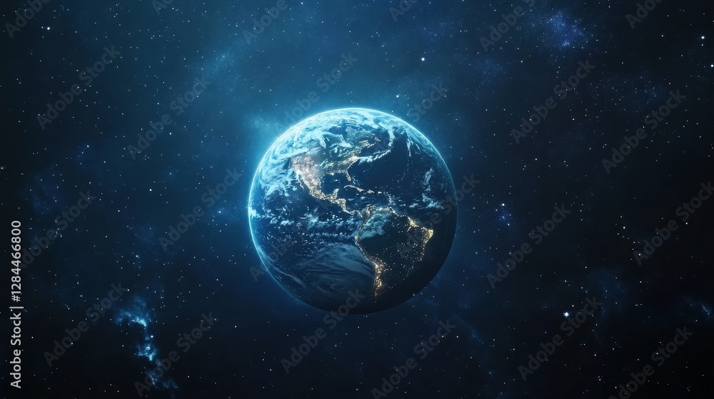 A stunning view of Earth from space, highlighting shimmering city lights across North and South America against a starry backdrop. A stunning view of Earth from space, highlighting shimmering city lights across North and South America against a starry backdrop.
