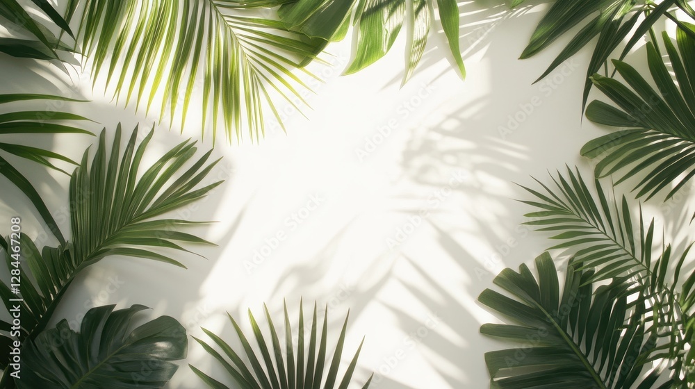 Lush green palm leaves frame a light background, creating a serene tropical vibe. Lush green palm leaves frame a light background, creating a serene tropical vibe.