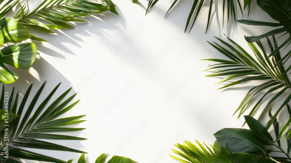 Fototapeta premium Lush green tropical leaves frame a bright, blank canvas, creating a refreshing and vibrant atmosphere.