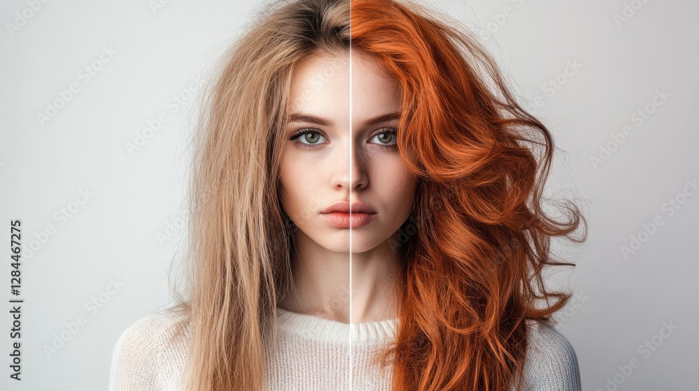 Transformation of hairstyle showcasing unkempt versus stylish looks in a split image. Generative AI Transformation of hairstyle showcasing unkempt versus stylish looks in a split image. Generative AI