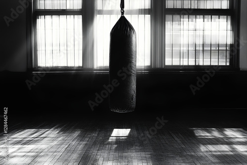 Black and white photo of a punching bag hanging in a gym, emphasizing strength, fitness, and training photo