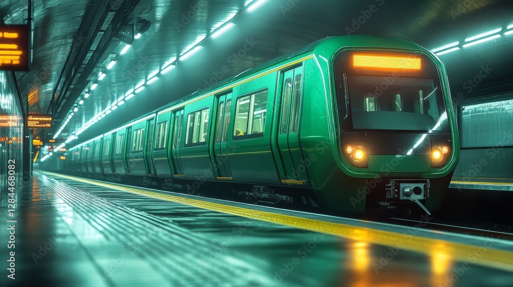 Green subway train arrives at urban station at night illuminating the platform with warm light. Green subway train arrives at urban station at night illuminating the platform with warm light.