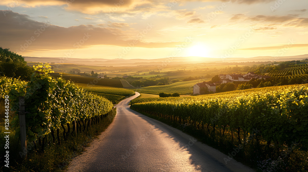 Naklejka premium Scenic Winding Road Through Vineyards at Sunset in Burgundy France