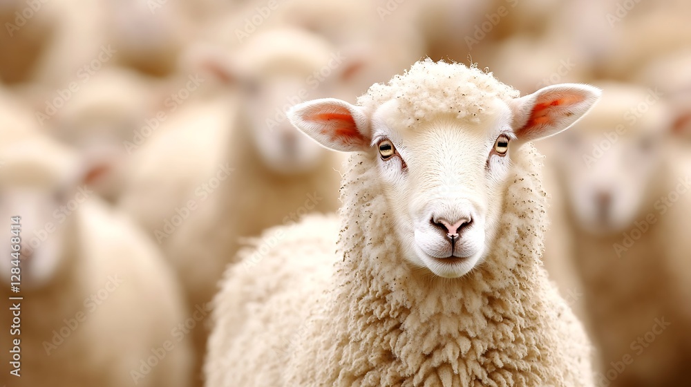 Close up of a sheep calmly looking into the camera with a blurred flock in the background : Generative AI Close up of a sheep calmly looking into the camera with a blurred flock in the background : Generative AI