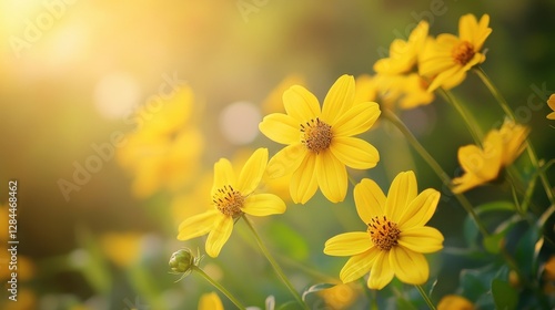 Bright yellow flowers basking in sunlight, creating a warm and inviting atmosphere.