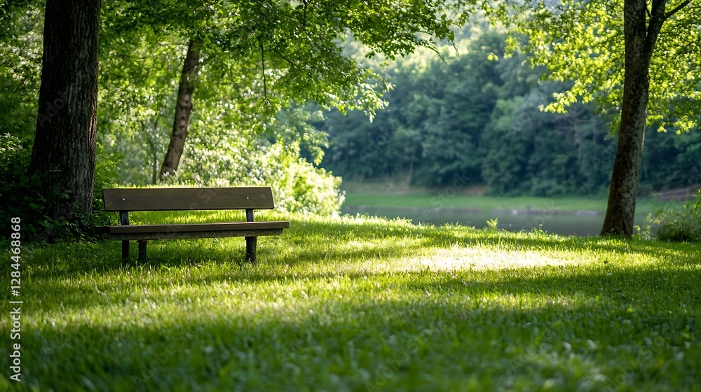 Beautifully Peaceful Park Scene Featuring a Wooden Bench Surrounded by Lush Green Grass and Trees : Generative AI Beautifully Peaceful Park Scene Featuring a Wooden Bench Surrounded by Lush Green Grass and Trees : Generative AI