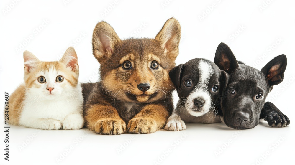 Adorable group of puppies and kitten posing together for a cute animal portrait Adorable group of puppies and kitten posing together for a cute animal portrait