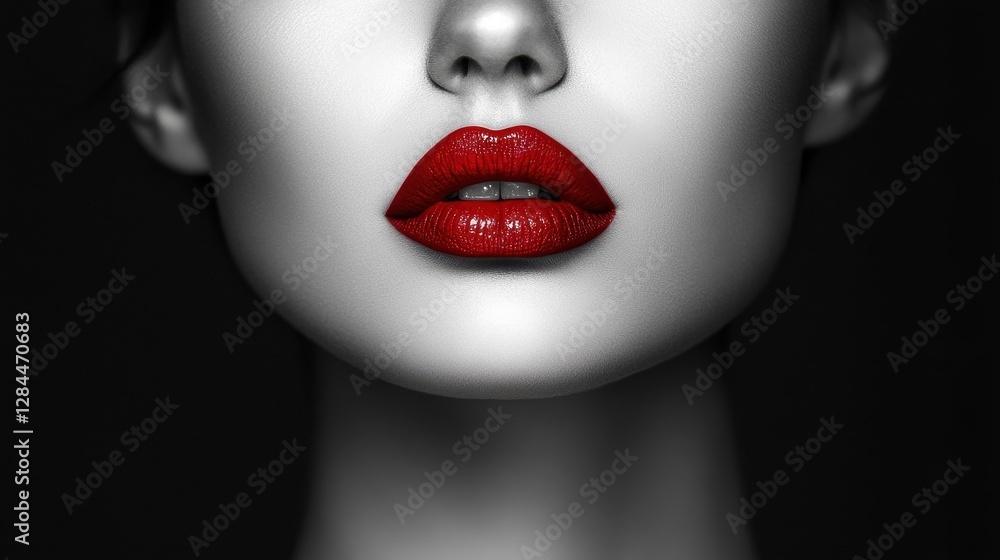 A striking close-up of a female model with pale skin and bold red lips, exuding elegance and sophistication against a dark background. A striking close-up of a female model with pale skin and bold red lips, exuding elegance and sophistication against a dark background.