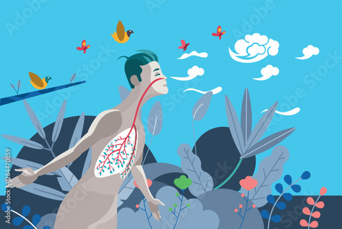 A man practicing deep breathing exercises while standing in a natural landscape