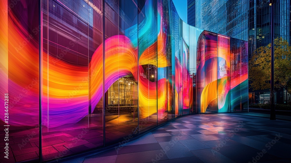 Obraz premium Vibrant colors dance across glass walls of a contemporary building in an urban setting, creating a captivating display during twilight. The scene showcases art and design harmony