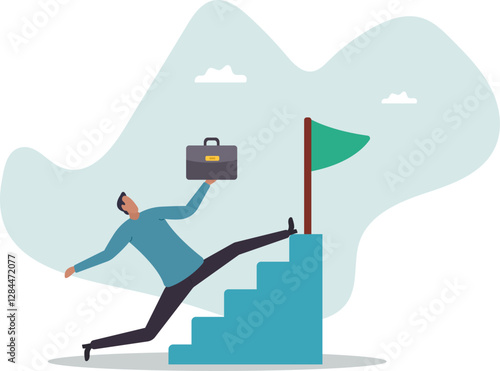 Shortcut or advancement in career development or work to achieve target, skip step to reach goal or beginner mistake by try hard way to success.business concept.flat character.