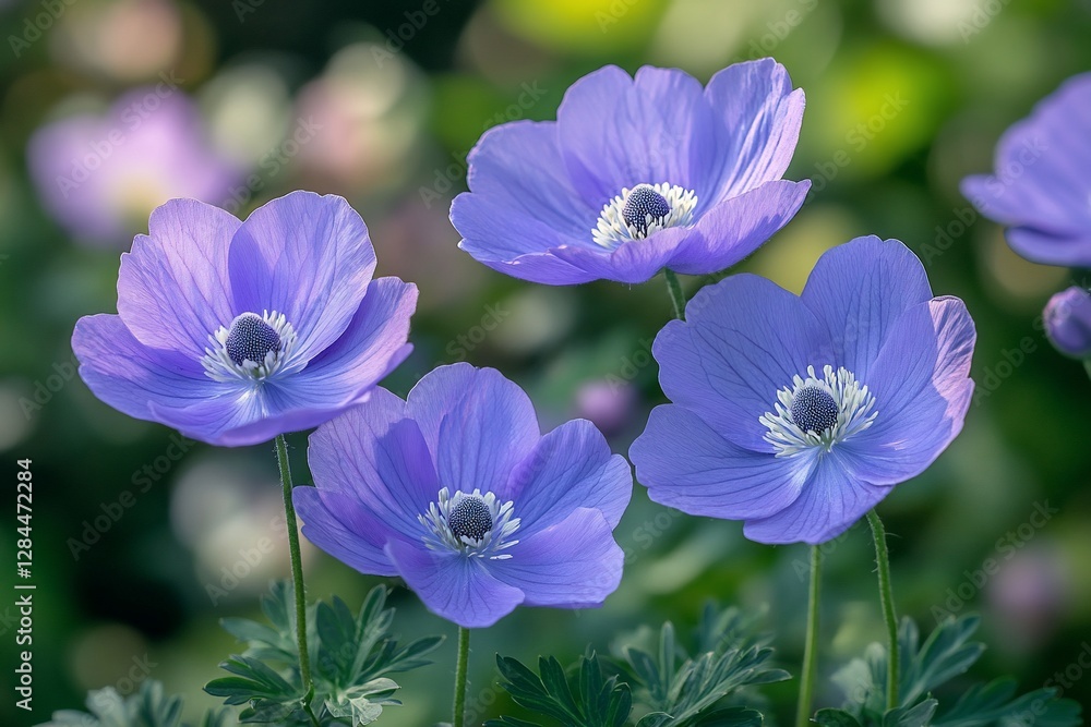 Four vibrant light purple anemones in a garden setting, soft focus background