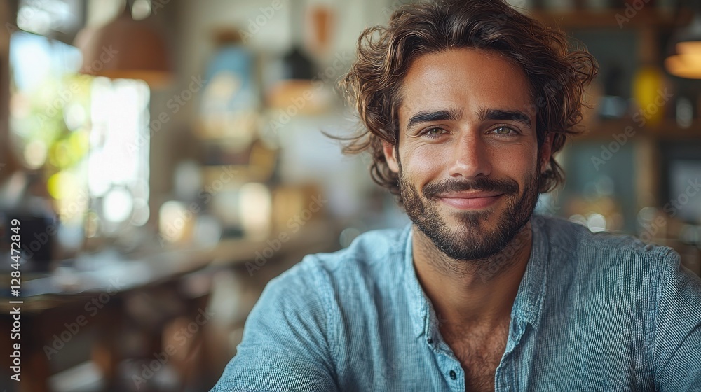Smiling man in casual shirt sitting at a cozy cafe, enjoying a relaxed afternoon with warm lighting and inviting atmosphere Smiling man in casual shirt sitting at a cozy cafe, enjoying a relaxed afternoon with warm lighting and inviting atmosphere