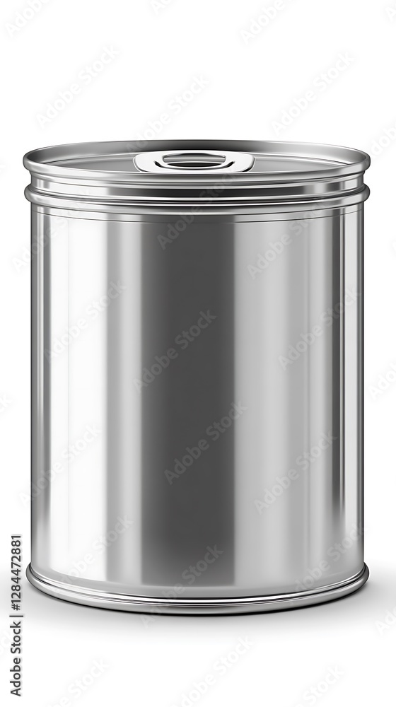 A single shiny metal can is placed against a white background A single shiny metal can is placed against a white background