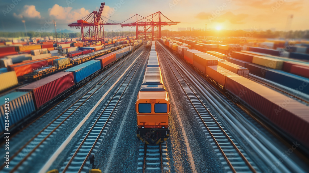 Obraz premium Global business of Container Cargo freight train for Business logistics concept, Air cargo trucking, Rail transportation and maritime shipping, Online goods orders worldwide. Container truck in ship