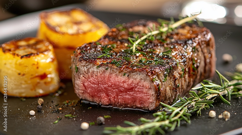 Grilled steak, roasted potatoes, herbs, close-up, food photography, menu Grilled steak, roasted potatoes, herbs, close-up, food photography, menu