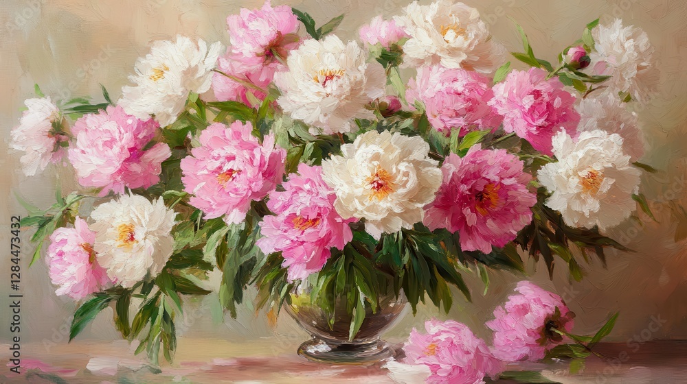 Vibrant pink and white peonies in glass vase - lush floral oil painting Vibrant pink and white peonies in glass vase - lush floral oil painting