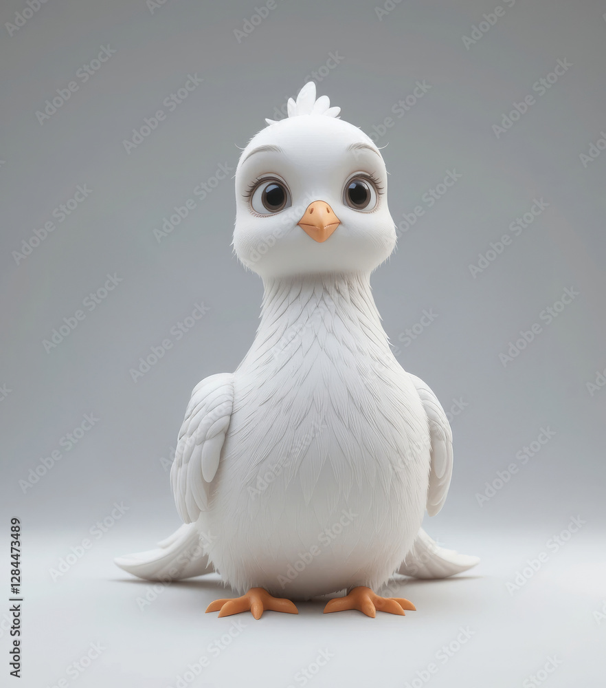 Cute Animated White Dove Standing Attentively Against Simple Background Cute Animated White Dove Standing Attentively Against Simple Background