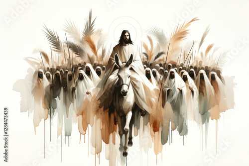 Palm Sunday celebration with Jesus on a donkey and worshippers.
