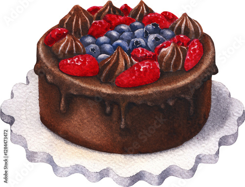 Cute hand-painted watercolor chocolate and berry glazed cake.