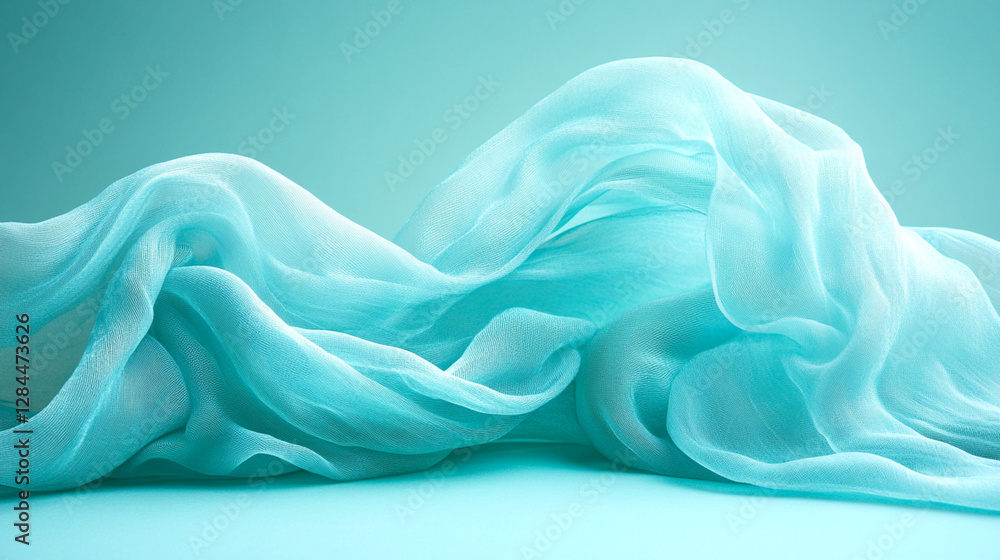 Fototapeta premium Flowing turquoise fabric with soft folds and waves, creating an elegant and airy texture against a matching background.
