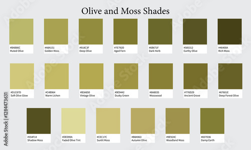 Color Palettes 20 Shades of Olive and Moss - Green, Warm, Military Colors - with HEX Codes and Names, Colour Swatches and Combinations