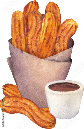 A craft envelope with fresh sugar churros and a bowl of chocolate sauce nearby