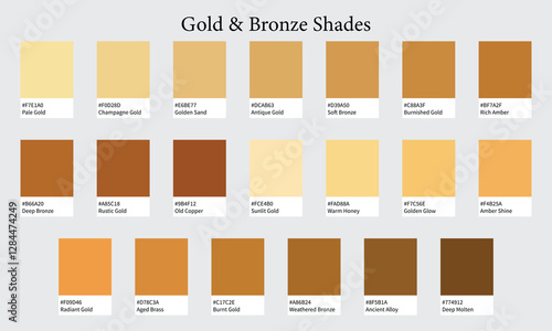 Color Palettes 20 Shades of Gold and Bronze - Soft, Warm, Deep and Aged Colors - with HEX Codes and Names, Colour Swatches and Combinations