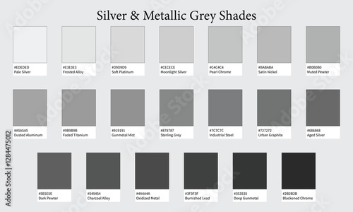 Color Palettes 20 Shades of Silver and Metallic Grey - Platinum, Cool, Neutral Colors - with HEX Codes and Names, Colour Swatches and Combinations