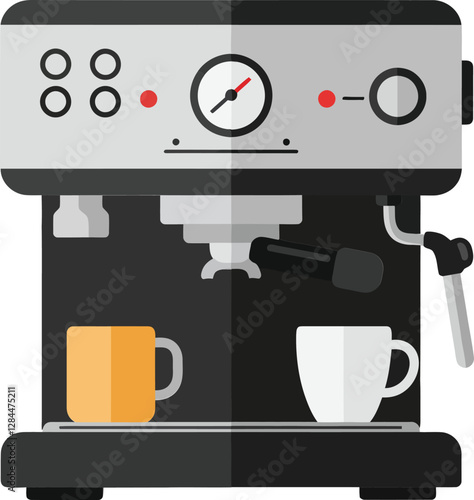 Espresso machine design with contrasting colors in flat vector art style showcasing brewing process in vector illustration