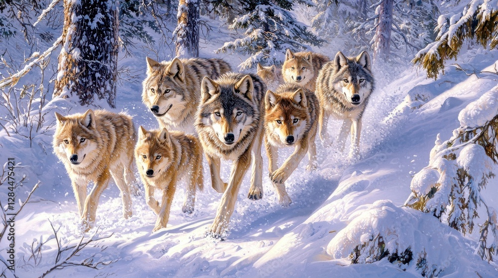 Naklejka premium A group of wolves strides through a snowy forest, their fur blending with the winter landscape. Pine trees stand tall around them as they move gracefully across the white terrain