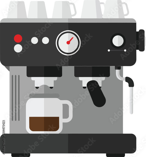 Coffee machine in modern flat design showcasing brewing process and cup in vector art