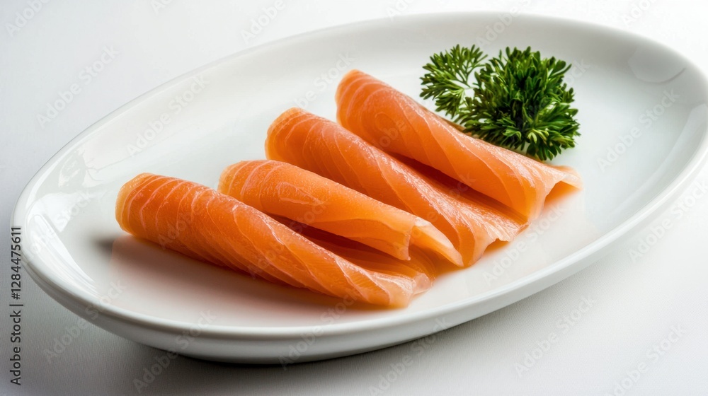 Delicate slices of fresh salmon sashimi are elegantly arranged on a white plate, accompanied by a sprig of green garnish, highlighting the dish's freshness and simplicity Delicate slices of fresh salmon sashimi are elegantly arranged on a white plate, accompanied by a sprig of green garnish, highlighting the dish's freshness and simplicity