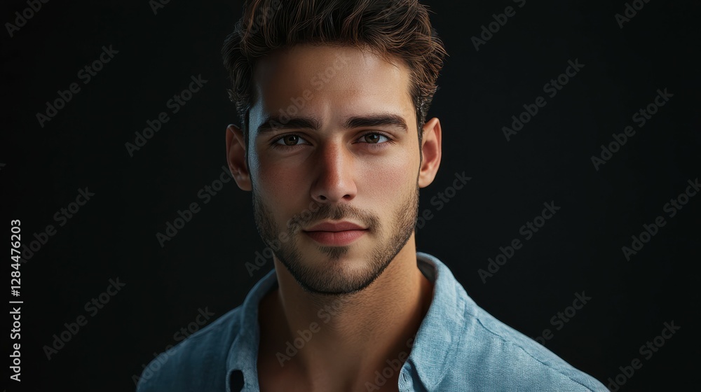 Portrait of young caucasian male with dark hair in denim shirt on black background Portrait of young caucasian male with dark hair in denim shirt on black background