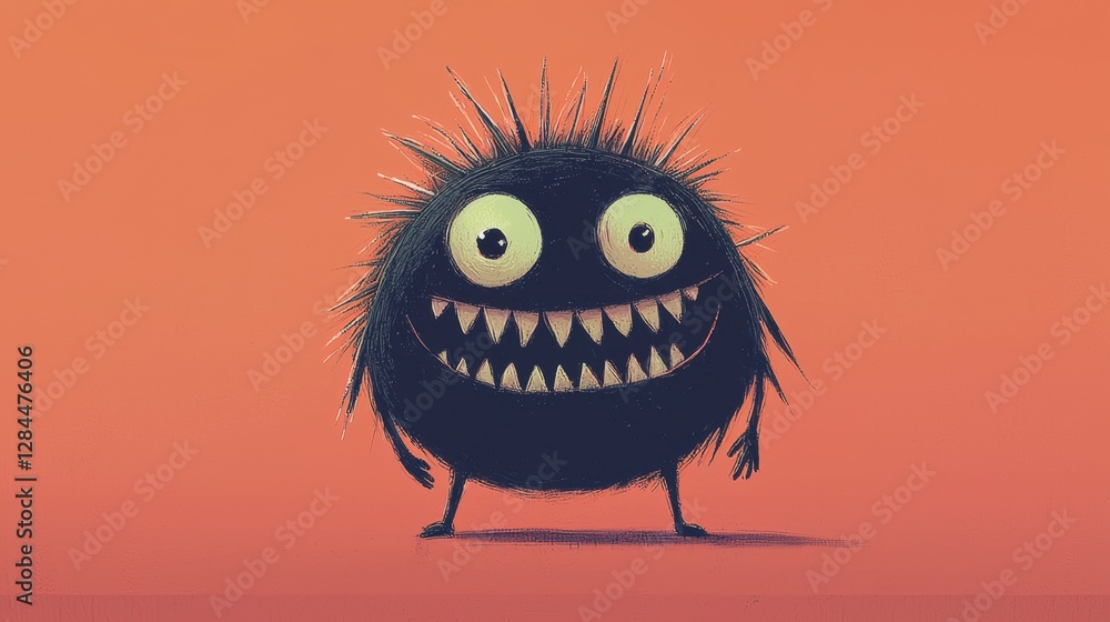 Fototapeta premium A quirky and animated creature with a round, fluffy body and oversized eyes. It stands cheerfully against a vivid orange backdrop, showcasing its sharp teeth and playful expression