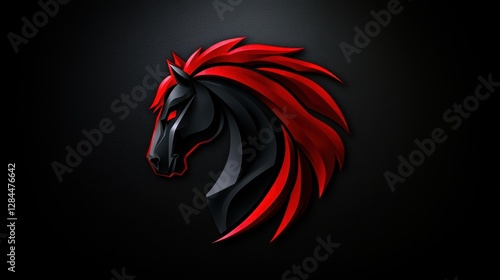 A striking logo featuring a black horse head with a flowing red mane sits against a dark backdrop. The design emphasizes strength and elegance photo