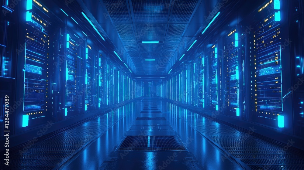 High-tech data center with glowing blue LED server racks and an advanced digital infrastructure. Ideal for technology, cybersecurity, and cloud computing visuals High-tech data center with glowing blue LED server racks and an advanced digital infrastructure. Ideal for technology, cybersecurity, and cloud computing visuals