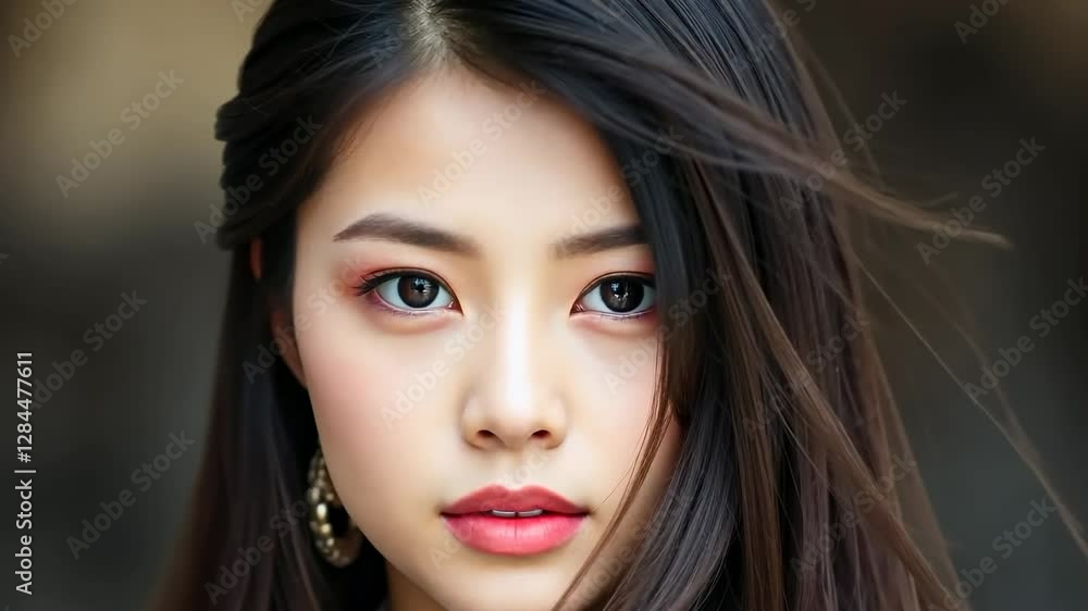 Portrait of a Beautiful Asian Woman with Expressive Eyes and Natural Makeup Portrait of a Beautiful Asian Woman with Expressive Eyes and Natural Makeup