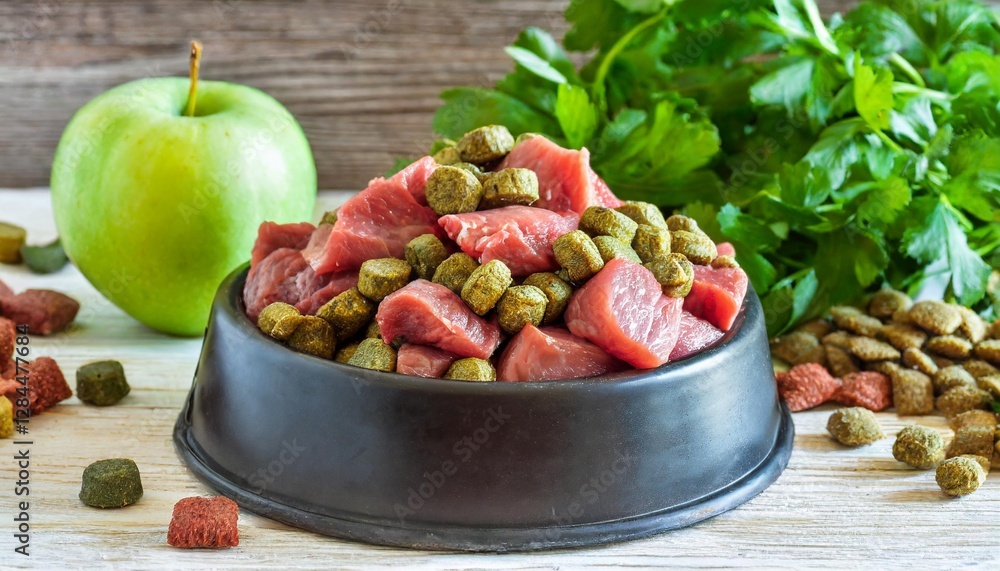 Dry Pet Food with Natural Ingredients – Raw Meat in a Bowl for Pets, A Set of Different Fodder and Food for Dogs or Cats
