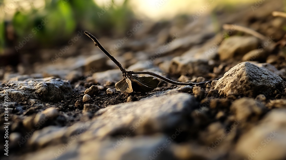 Closeup shot of a small twig resting on rocky terrain showcasing nature's resilience along a path : Generative AI Closeup shot of a small twig resting on rocky terrain showcasing nature's resilience along a path : Generative AI
