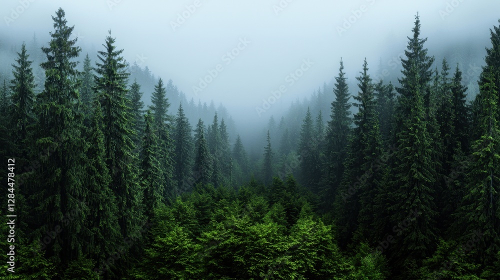Fototapeta premium A tranquil forest landscape features towering pine trees shrouded in mist. The early morning light highlights the lush greenery, creating a peaceful atmosphere in nature