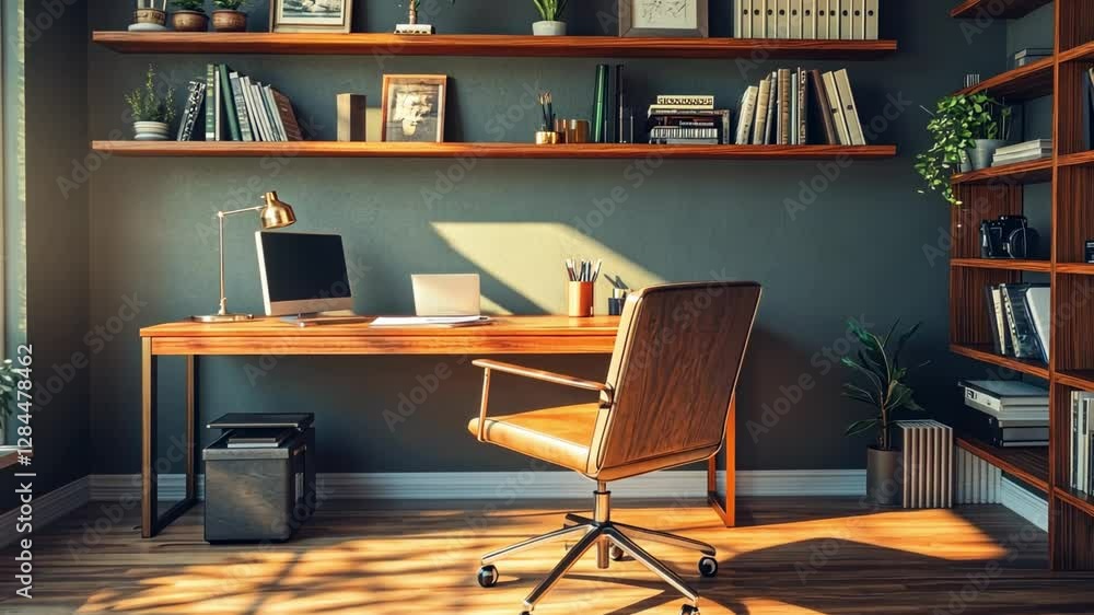 Sunlit Home Office Workspace: Modern Design with Wooden Desk and Bookshelves Sunlit Home Office Workspace: Modern Design with Wooden Desk and Bookshelves