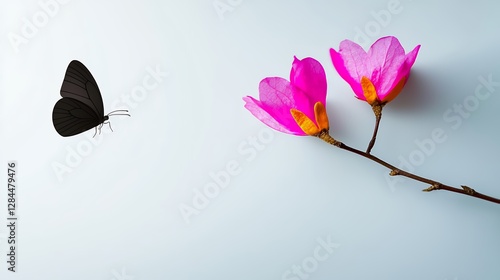 Pixel Art Butterfly and Pink Flowers on Light Blue Background