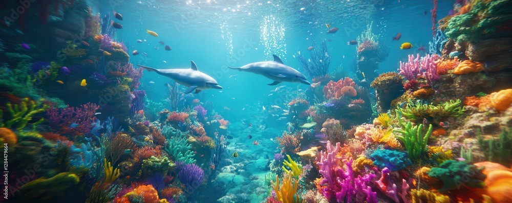 Fototapeta premium Vibrant coral reef with dolphins and colorful tropical fish underwater