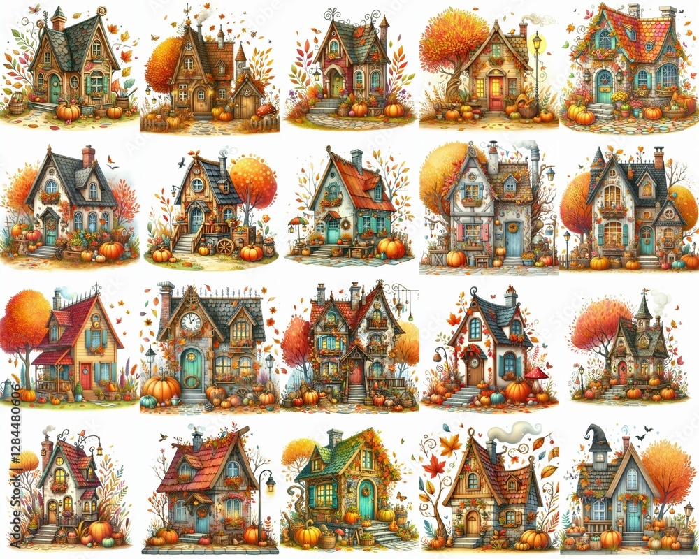 Naklejka premium Watercolor Autumn House. AI generated illustration